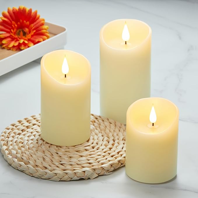 Rechargeable Candles, Flickering Flameless Candles with Remote and Timer, Real Wax LED Candles with 3D Wick, Pillar Candles for Home, Festival, Wedding, Party Decor Set of 3