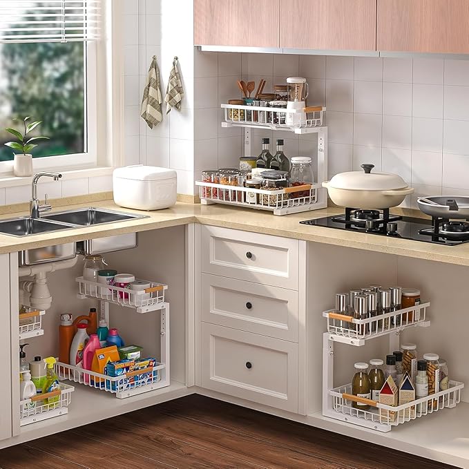 Liuoud Under Sink Organizer Storage 1 pack, 2 Tier Slide Out Height Adjustable Pull Out Cabinet Organizer Drawers, Kitchen Bathroom Large Capacity Metal Under Sink Rack Caddy Basket Shelves, White