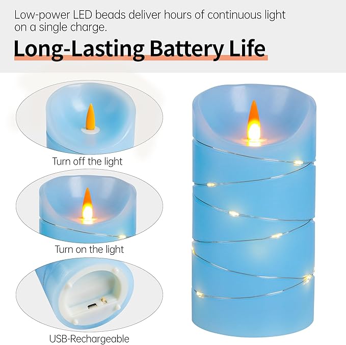 HaitanghuaRechargeable flickering candle, with string lights, remote control, 2/4/6/8-hour timer function, USB rechargeable candle, real wax LED candle, (4/5/6 inch) sky blue, three-piece set.