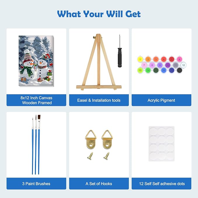MOGTAA Christmas Paint by Numbers Kit for Adults Beginners with Frame, Snowman Adult Paint by Number Kits on Canvas with Easel, Easy DIY Winter Oil Painting Kits for Home Decor, 8x12in