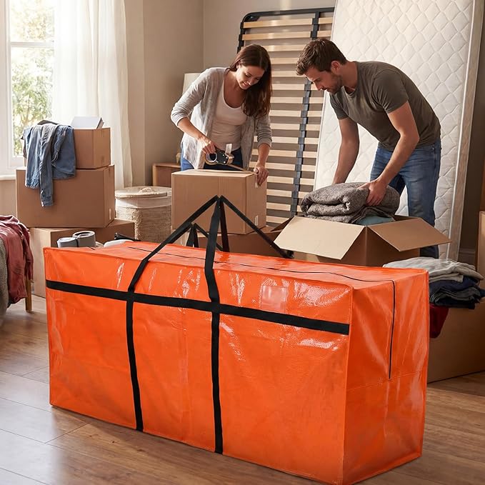 Windyun 4 Pack 177 Gallon Extra Large Moving Bags XXL Heavy Duty Storage Bag with Strong Zipper Handle Jumbo Big Tote Box Foldable for College Dorm Travel Clothes Duffle Blanket Pillow(Orange)