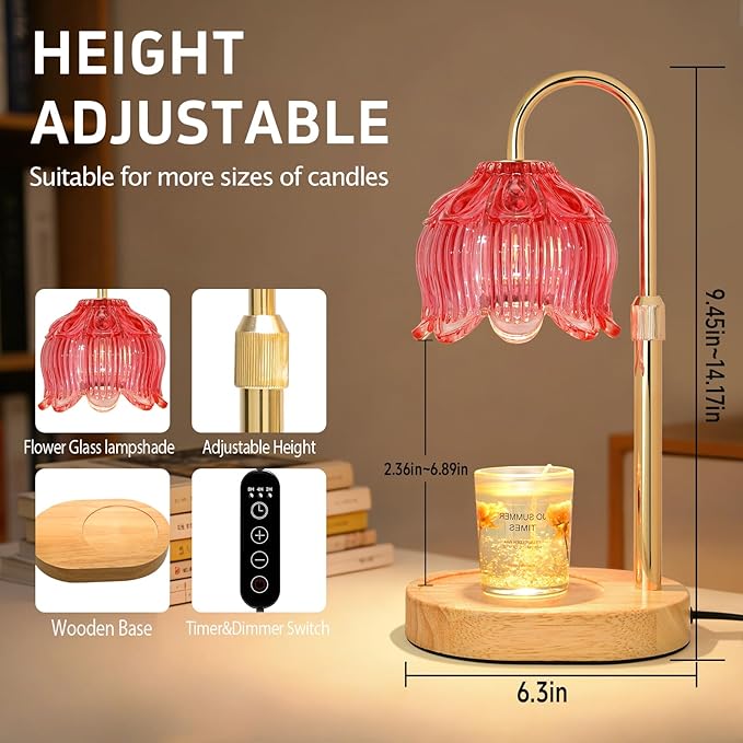 Flower Candle Warmer Lamp for Jar Candles with Timer & Dimmer, Adjustable Height Fits Large Jars up to 7.08" Tall, Flameless Wax Warmer, Cozy Bedroom Home Decor, Gift for Mom Women,Red