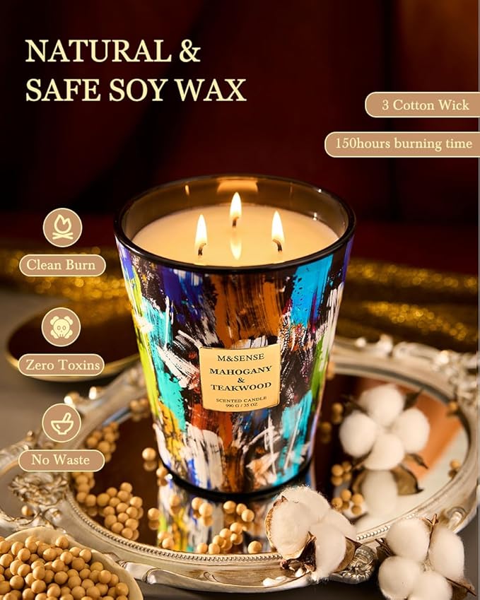 M&SENSE Large 3-Wick Teakwood Scented Soy Candle, 35oz 150 Hours Clean Burning Non-Toxic Candles, Home Office Essential, Fathers Day Business & Housewarming Gift