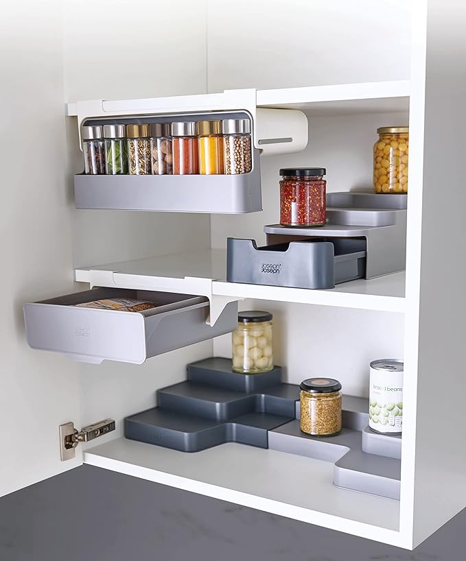 Joseph Joseph CupboardStore Under Shelf Drawer Kitchen Cabinet Storage Organizer, Space Saving, Gray/White