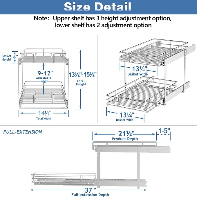 LOVMOR Individual Pull Out Cabinet Organizer, 2 Tier Slide Out Cabinet Drawers, Pots and Pans Organizer and Storage Pantry Shelf for Kitchen (14½" W x 21½" D)