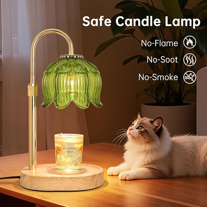 Flower Candle Warmer Lamp for Jar Candles with Timer & Dimmer, Adjustable Height Fits Large Jars up to 7.08" Tall, Flameless Wax Warmer, Cozy Bedroom Home Decor, Gift for Mom Women Green-01