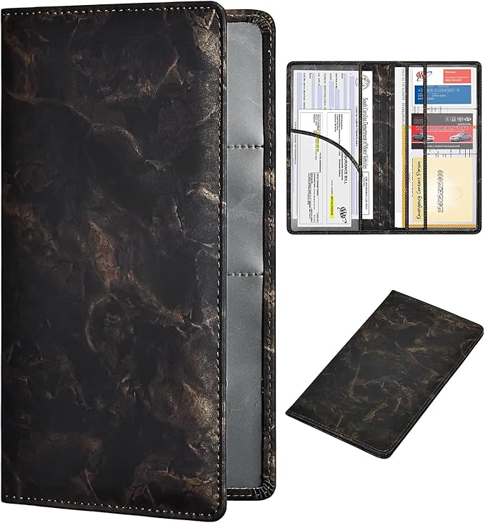 HERRIAT Car Registration and Insurance Card Holder,Marble Leather Vehicle Glove Box Automobile Documents Paperwork Wallet Case Organizer for ID, Key Contact Information Cards,Men&Women