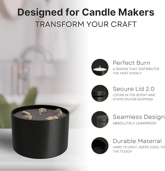 Tins for Making Candles - 24 Pack of 8 oz Black Candle Containers Bulk 8oz - Empty tins with lids for Candles - Premium Metal Jars, DIY Vessels | Painted Outside and Inside | Matte Black