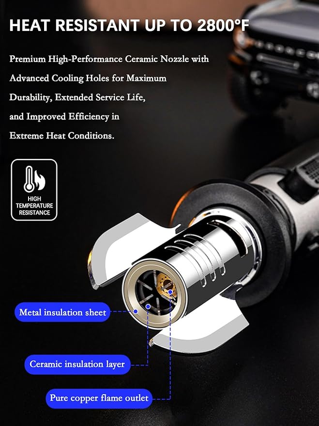 Torch Lighter, Refillable Butane Jet Flame Lighter with Adjustable Flame & Safety Lock, Windproof Gas Torch for Camping, BBQ, Fireplace, Candles, Cooking, Fireworks (Butane Not Included) (Blue)