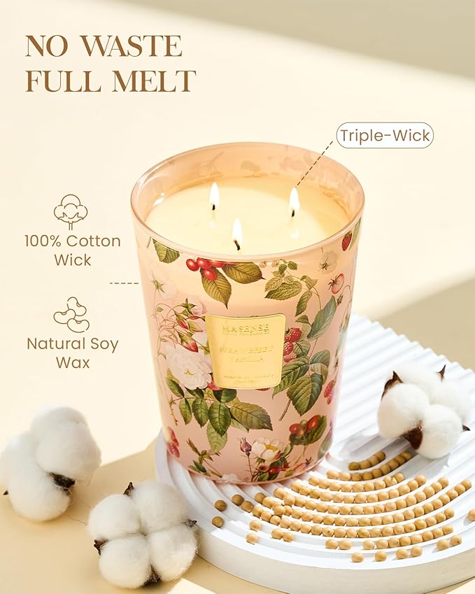 M&SENSE Strawberry Vanilla Soy Large Candles, 3-Wick 35oz 150H Long Lasting, Aromatherapy Candle for Bedroom Romance New Year Gifts