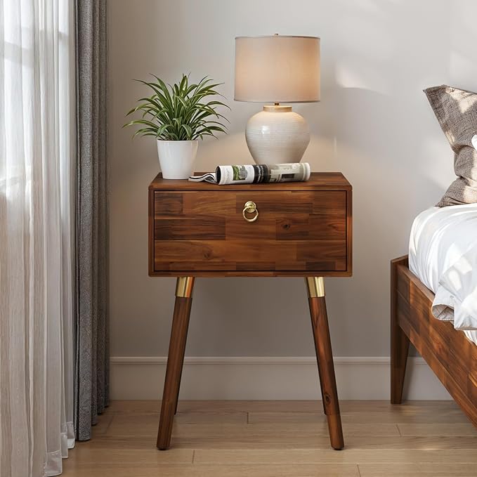 Bme Alden Solid Wood Nightstand/Side Table/End Table, Fully Assembled, with 1-Drawer for Mid Century Bedroom and Living Room, (12mm), Dark Chocolate