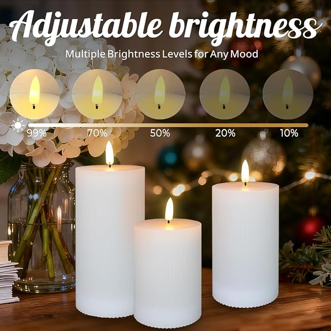 Rechargeable Flameless LED Pillar Candles–Luminous Real Wax Indoor Home Decor–Set of 3, Realistic Flickering LED Flame,Remote & Timer, USB-Rechargeable（White）