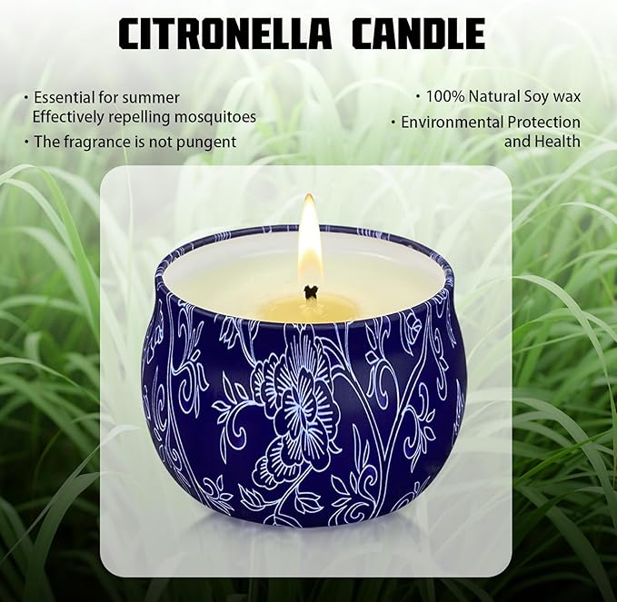 Citronella Candles - 4 Pack Citronella Candles Outdoor Set，4.4 oz, Indoor Scented Natural Soy Wax Candles Portable Travel Tin Gift Set for Home Garden Patio Balcony Decorative