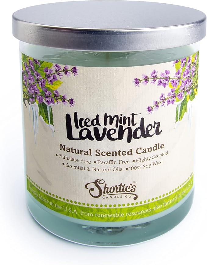 Iced Mint Lavender Scented Natural Soy Candle, Essential Fragrance Oils, 100% Soy, Phthalate & Paraben Free, Clean Burning, 9 Oz.