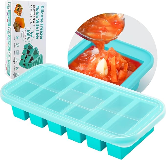 Silicone Freezer Trays with Lid,6 Cup Soup Freezer Container large Ice Cube Molds with Reinforced Steel Ring Top for freezing Soup Sauce Broth Leftovers oven,Easy to demold & Easy Meal Prep Container