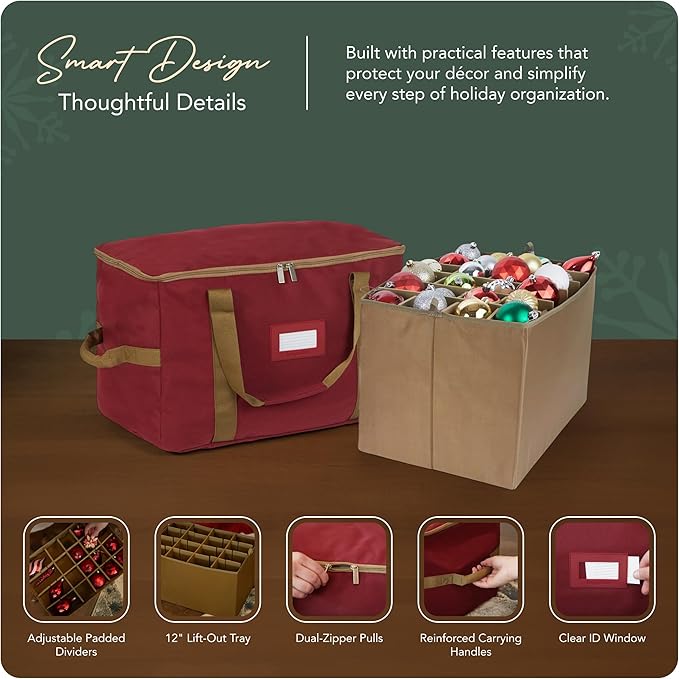 Covermates Keepsakes Adjustable Ornament Storage Bag – Heavy-Duty Polyester, Padded Dividers & FlexGrid Trays – Protective Holiday Ornament Organizer with Handles & Label Window, Red