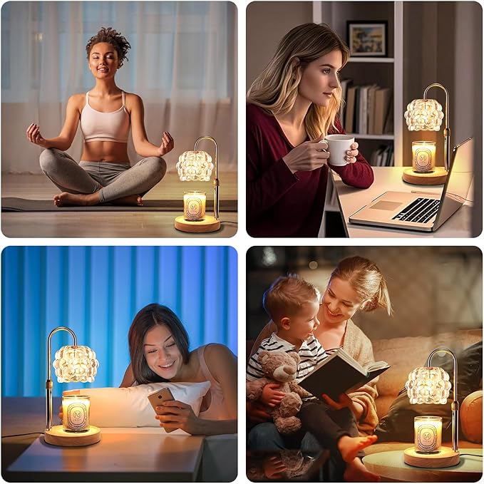 Candle Warmer Lamp with Timer Adjustable - Height Candle Warmer, Dimmer, Vintage Glass Wax Melting Lamps for Home Decor, for Candles in Jars with 2 Bulbs, Champagne Gold
