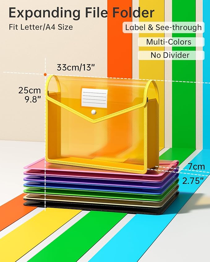 7 Pack Plastic Expanding File Folder, Transparent envelopes with Snap Closure,No Dividers,Large Capacity,Assorted Colors,Bills&Taxes,Letter/A4 Size for School/Office/Home