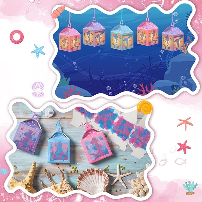 Simgoing 12 Sets Mermaid Lanterns Crafts with LED Candles Mermaid Tissue Paper Crafts Kits DIY Paper Lanterns for Party Decor Activities