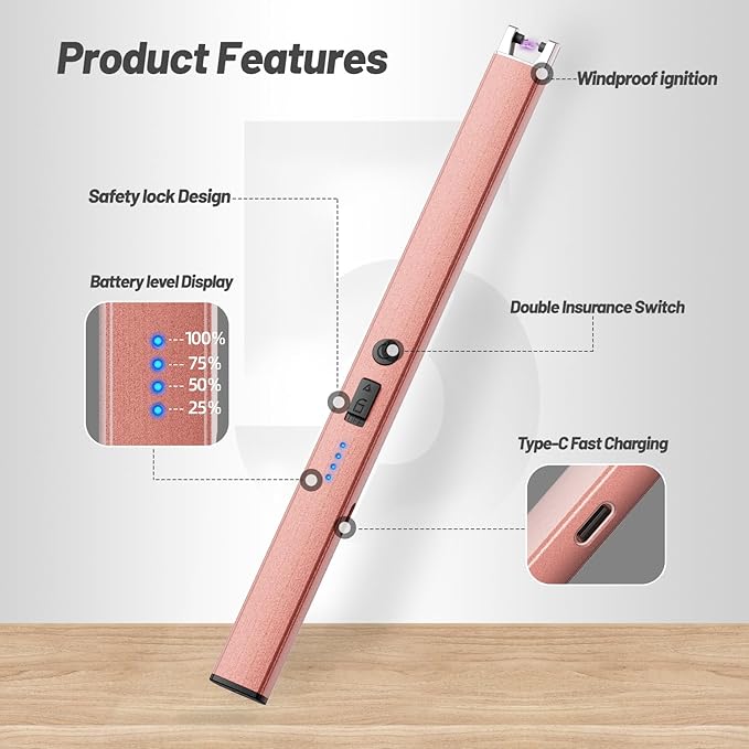 VEHHE Rechargeable Lighter, Windproof Flameless Extended Electric Candle Lighter with Anti-False-Touch Lock for Birthday BBQ Camping-Rose Gold