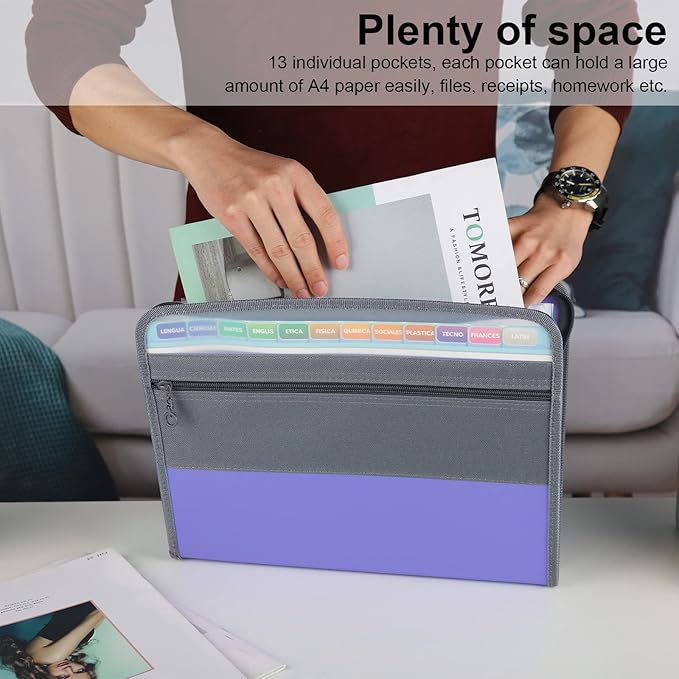 NAFY Accordion File Organizer, 13 Pockets Expanding File Folder with Zipper, A4 Letter Size Portable Accordion Expanding File Folders with 27pcs Multicolor Labels for Office School Supplies (Lavender)