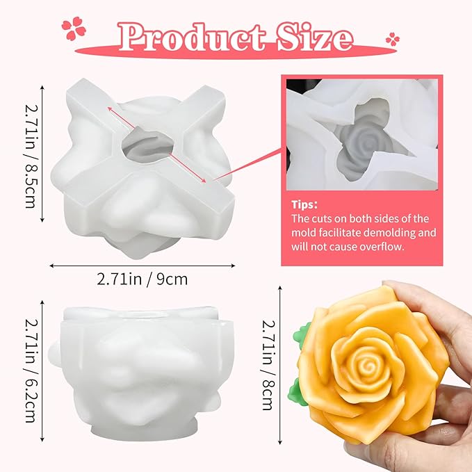 Large Rose Candle Molds, Rose Molds for Candles, 3D Flower Silicone Mold for Soap Wax Plaster Epoxy Resin Casting Clay Home Décor Handmade Gift