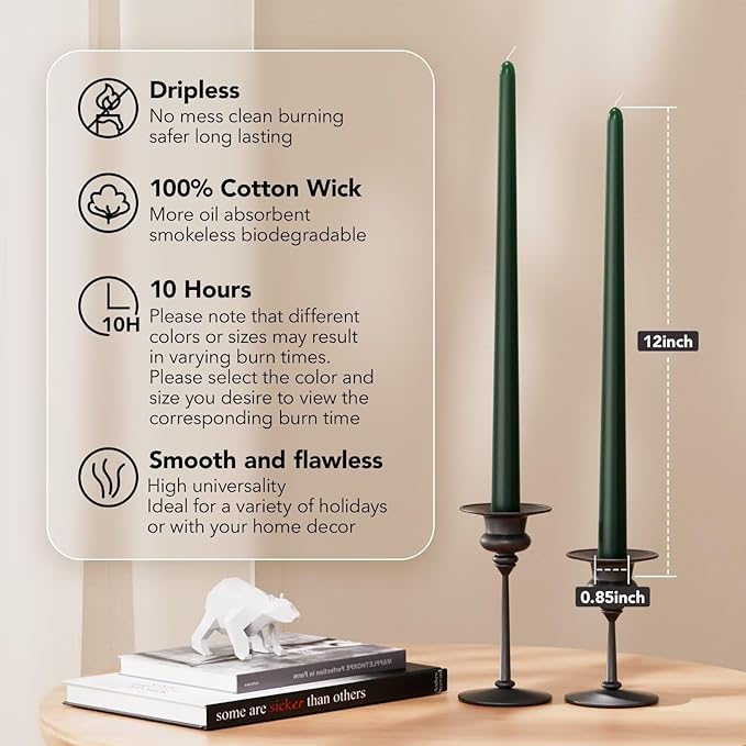 12-Inch Tall Dripless Taper Candles Set of 4 - Dark Green Tapered Candles, Perfect for Christmas - Smokeless, Unscented, Long Burning - Hand Poured, Colored Tall Candlesticks - Hunter Green