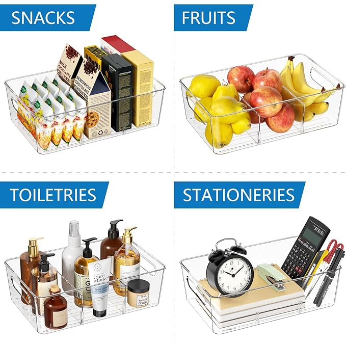 Mpotmiy 4 Pack Clear Pantry Organizers and Storage Bins with Divider, Transparent Plastic Basket, Refrigerator and Fridge Bins