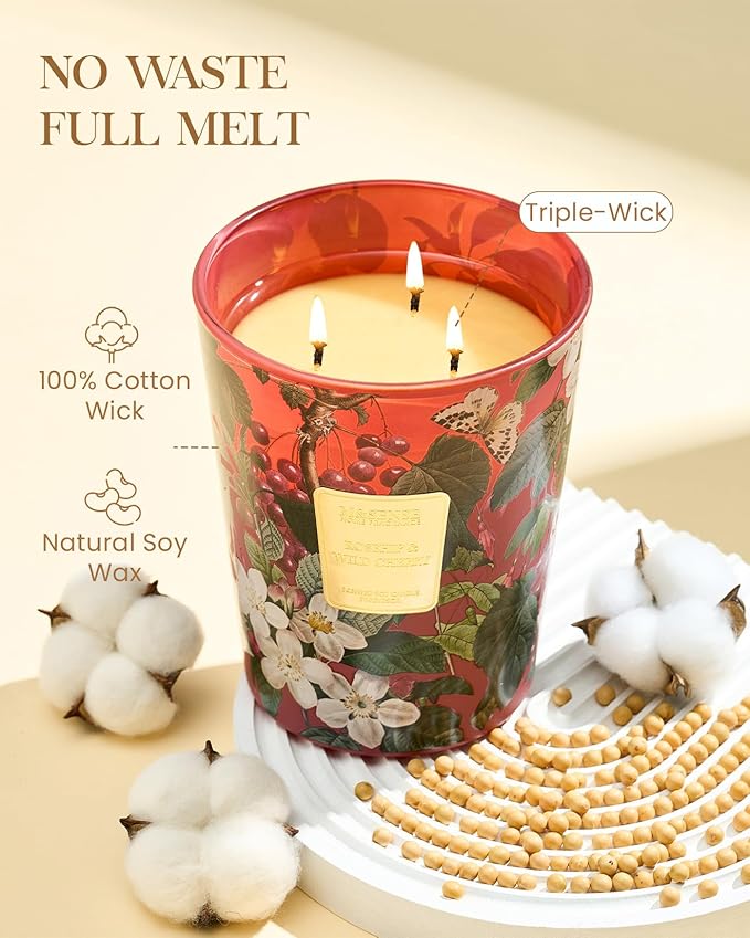 M&SENSE Wild Cherry Soy Large Candles, 3-Wick 35oz 150H Slow Burning, Aromatherapy Candle for Home Fragrance Romantic Winter Gifts for Women