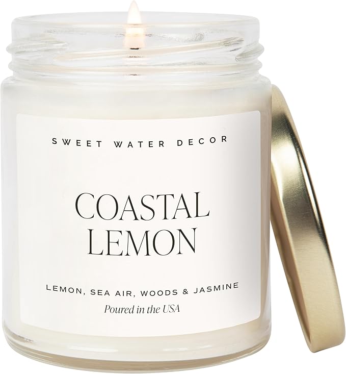 Sweet Water Decor Coastal Lemon Scented Candles - Soy Candles with Lemon, Sea Salt, & Driftwood for Home Decor - Candle Wax with 40 Hours Burn Time - 9oz Gold Lid Clear Jar Candles for Home Scented