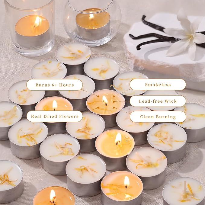 16 Pcs Vanilla Scented Tealight Candles, 6H Long Burning - 100% Palm Wax Based Scented Tea Lights with Dried Flowers, Non-Toxic/Smokeless Tea Lights Candles Bulk for Spa, Bath, Wedding