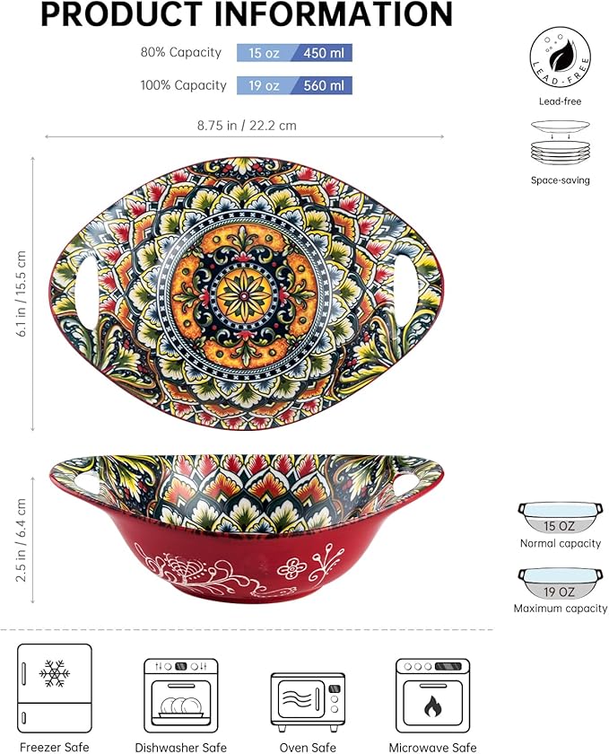 Henten Home Ceramic Salad Bowls Set, 19 oz Porcelain Soup Bowl Set of 4, Colorful Serving Bowls with Handle for Dinner, Pasta, Oatmeal, Bohemian Style, Microwave & Dishwasher Safe