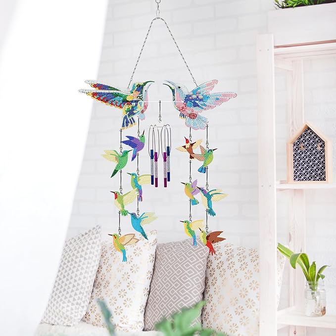 Hummingbird Diamond Art Wind Chimes DIY Kit 5D Diamond Art Painting Wind Chime Hummingbird Hanging Pendant Double Side Special Shape Rhinestones by Number Mosaic Wind Chime for Yard Porch Tree Decor