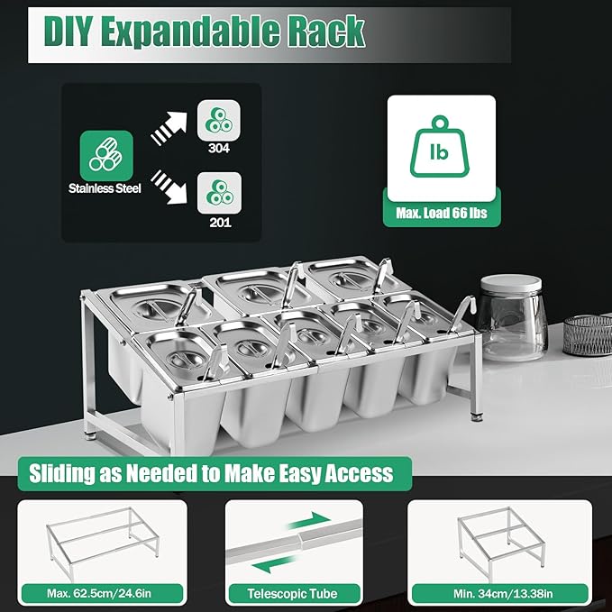 Expandable Spice Rack, Countertop Condiment Stand Holder with Pans and Lids,Stainless Steel Organizer Shelf for Seasonings Sauces Side Dishes Fruits Kitchen Pantry (5*1/9 Pans + 3*1/6 Pans)