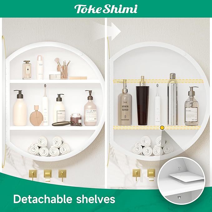 TokeShimi 24x24 Gold Round Medicine Cabinet with Mirror, Round White Medicine Cabinet with Detachable Shelves, Shatterproof, Surface Mount Only