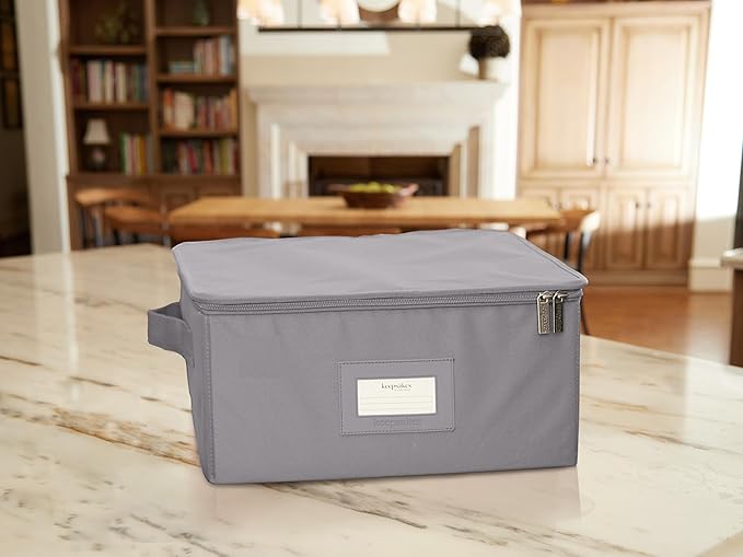 Covermates Dish Storage Box Set – China & Dinner Plate Storage Containers with Felt Dividers, Dual Zippers, Reinforced Handles, ID Window & Stackable Design, Graphite