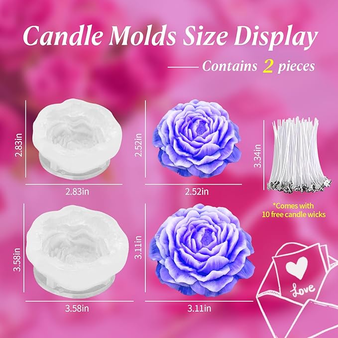2Pcs Peony Silicone Candle Flower Wax Mold Silicone for Candles Resin Making Molds Moldes De Silicona para Hacer Velas Artesanales De Silicona,for Making Mothers Day Gifts for Mom Daughter