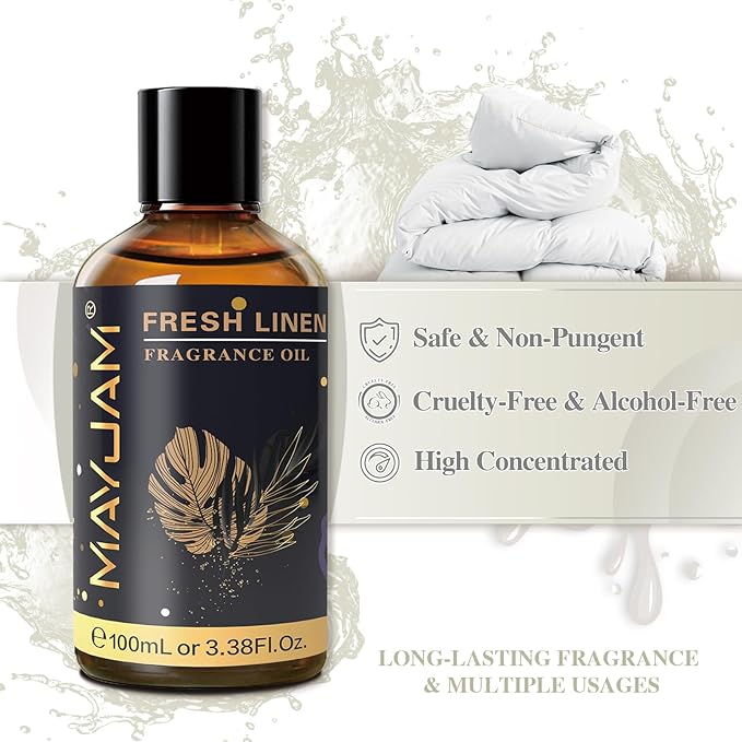 MAYJAM Fresh Linen Fragrance Oils Essential Oil - Fresh Linen Oil for Diffusers, 3.38FL.OZ/100ML Large Volume Fragrance Oil with Premium Glass Dropper
