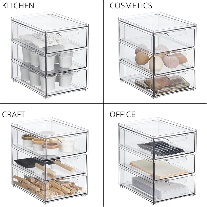 mDesign Plastic Stackable 3-Drawer Kitchen Storage Organizer - Bin with Divided Pull-Out Drawers for Pantry, Shelf, Fridge/Refrigerator, and Freezer Organization - Lumiere Collection - Clear