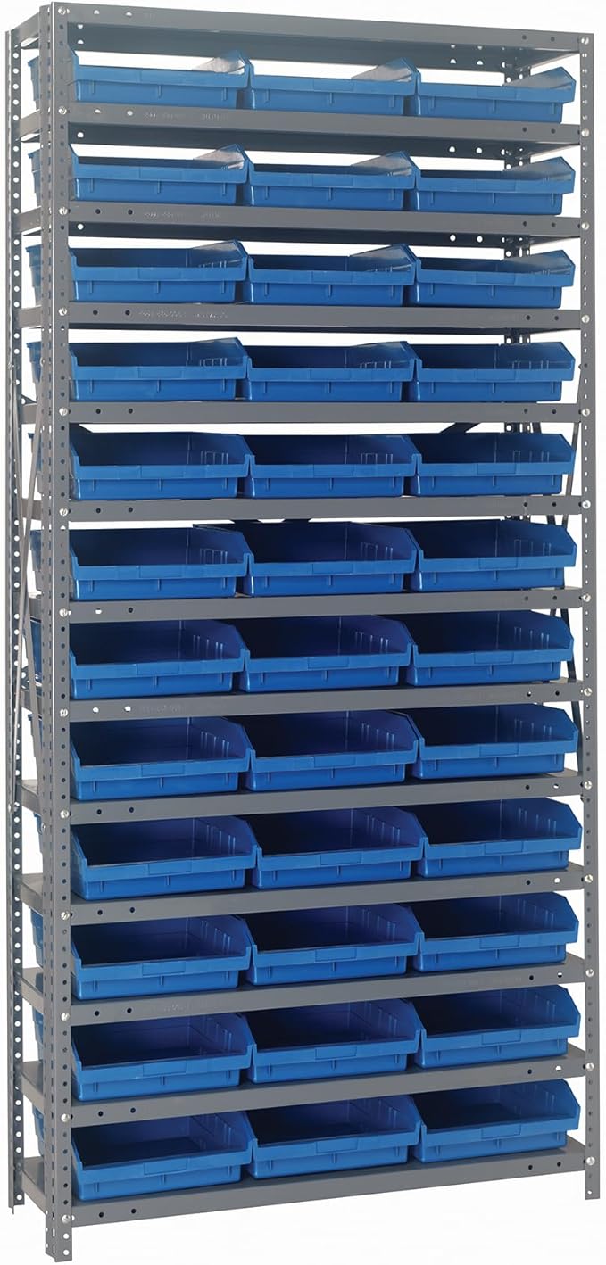 Quantum Storage Systems 1275-109BL Steel Shelving Unit with 4" Shelf Bins, 12" D x 36" W x 75" H, Blue