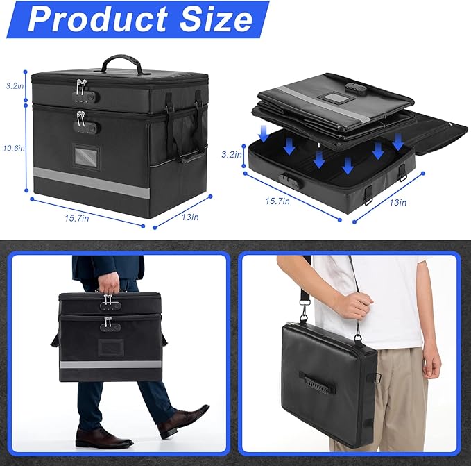 EXLIFBAG 2 Layer File Box with Lock, Portable Document Organizer Box with Handle, Fireproof File Box for Home Office, Legal File Organizer Storage