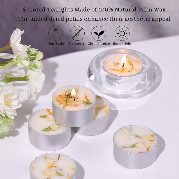 LAMORGIFT 48 Count Jasmine Scented Tealight Candles, 6H Long Burning with Dried Flowers, Non-Toxic/Smokeless, Palm Wax Based, Perfect for Spa, Bath, Wedding