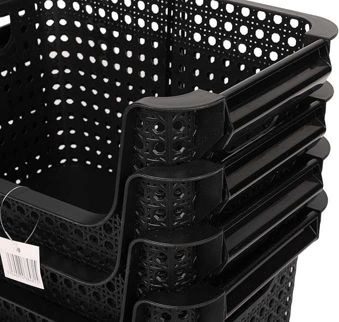Skywin TidyFriend Stackable Storage Bins for Pantry 4 Pack, Stackable Bins For Organizing Food, Kitchen, and Bathroom Essentials (Circle with Handle)(Black)