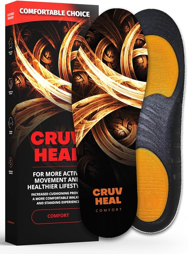 CRUVHEAL Work Comfort Orthotic Insoles - Anti Fatigue Shoe Insert Men Women - Low Arch Support - Shock Absorption - Foot Pain Relief - Work Boot Insoles (S-M, Fire)