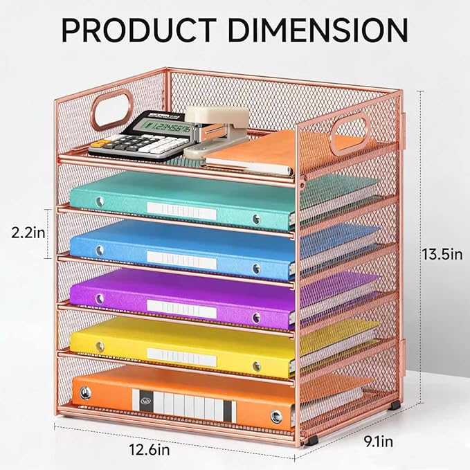 6 Tiers Letter Tray Paper Organizer with Handle, Mesh Desk File Organizer, Metal Desktop Document Shelf Organization, Paper Sorter Organizer for Office, Home or School File Folder Holder (Rose Gold)