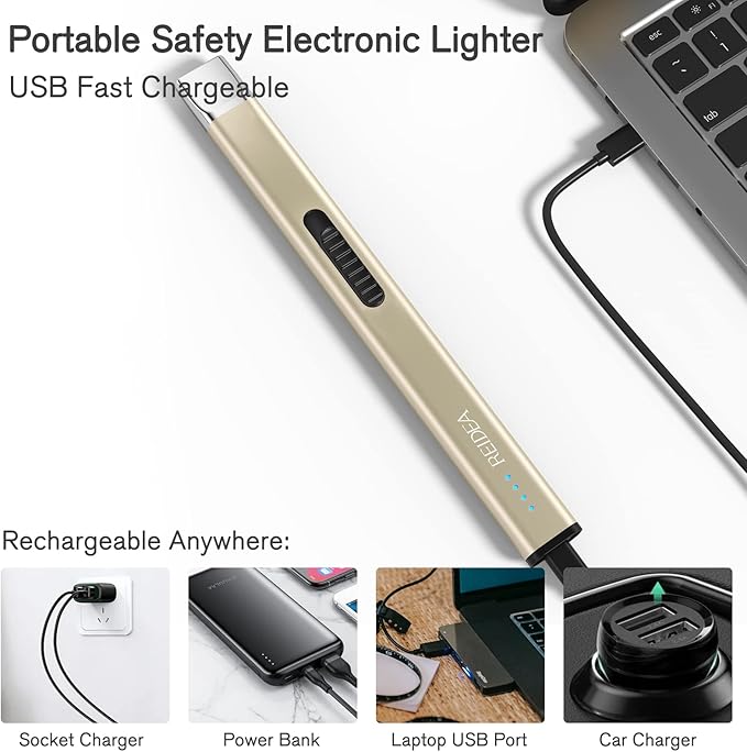 REIDEA Lighters 2 Pack R1 Flat Electronic Candle Lighter, Windproof Flameless USB Rechargeable Arc Lighter with Safe Button and Power Indicator for Candle, BBQ and Fireworks, Champagne Gold and White