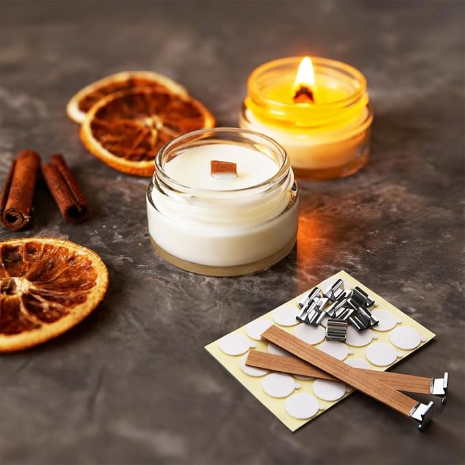 Candle Wick for Candle Making, Wooden 120Pcs 5.0X 0.5 Inch, 60Pcs Iron Stand, 60Pcs Candle Wick Stickers