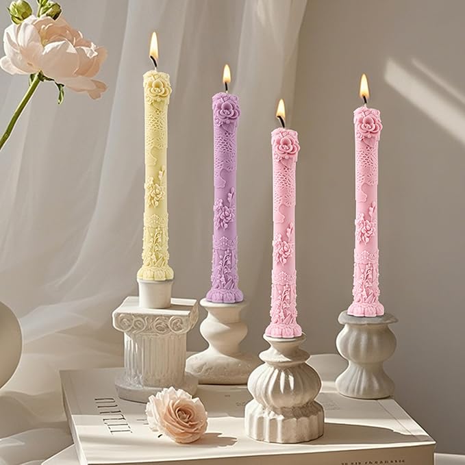 Vintage Long Pillar Candle Mold, Intricate Floral Design Silicone Mold for DIY Candle Making Plaster Polymer Clay Home Decoration