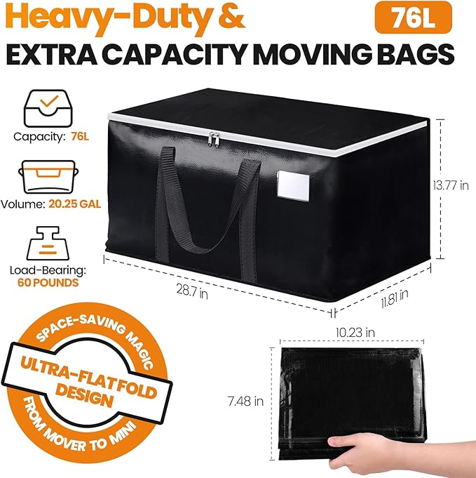 StoreHappily Heavy-Duty & Extra Capacity Moving Bags with Backpack Straps, Storage Totes with Double Zipper & Strong Handles, Packing Bags Alternative to Moving Boxes, Moving Supplies (10 Pack, Black)