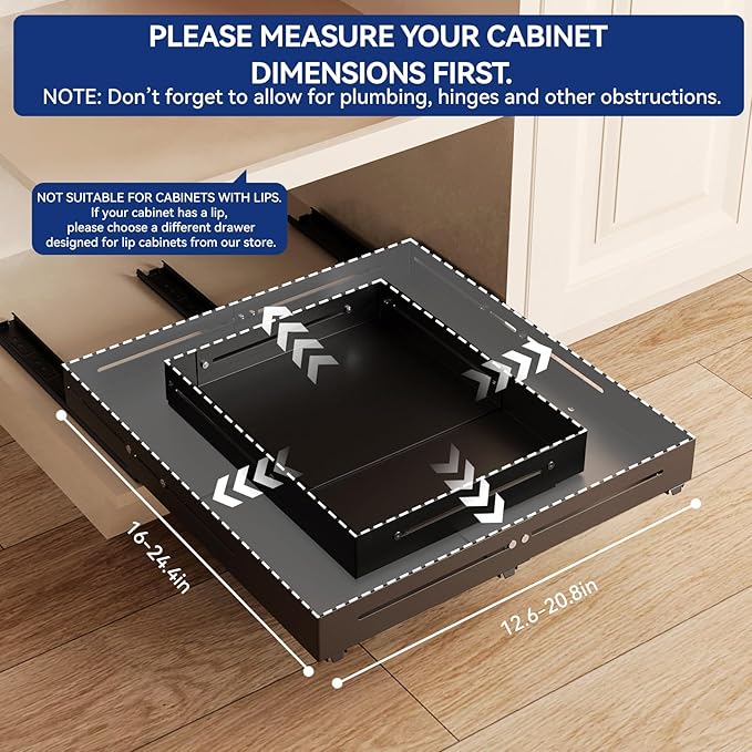 Pull out Cabinet Organizer, Full Metal Expandable Width (12.6"-20.8") & Depth (16"-24.4") Adjustable Slide out Drawers, No Drill Adhesive Roll out Shelves for Kitchen Pantry, Black